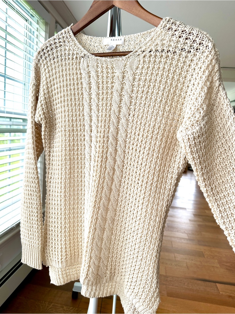 Kenar Open-knit Crewneck Sweater, Dolman Cut Long Sleeves, in Light Tan